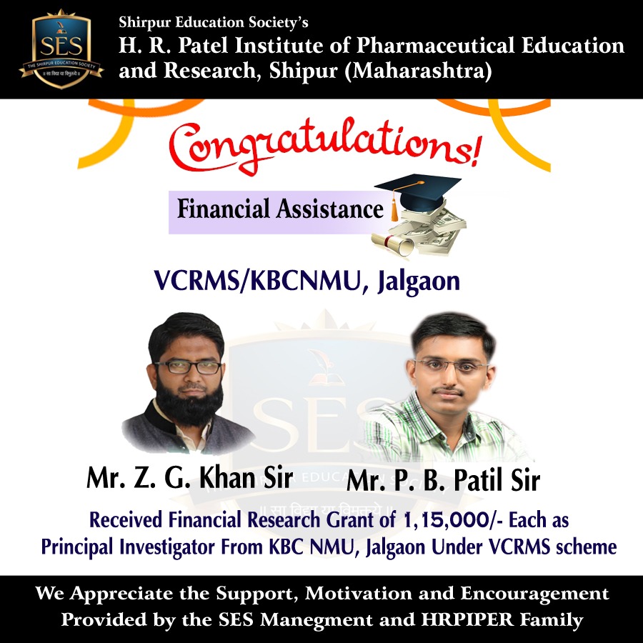 Congratulations to Mr. Z. G. Khan and Mr. P. B. Patil for receiving VCRMC grant
