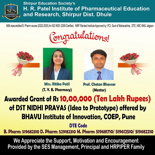 Grant of Rs. 10 Lakh from NIDHI PRAYAS Centre of COEP’s BHAVU Institute of Innovation, Entrepreneurship, and Leadership