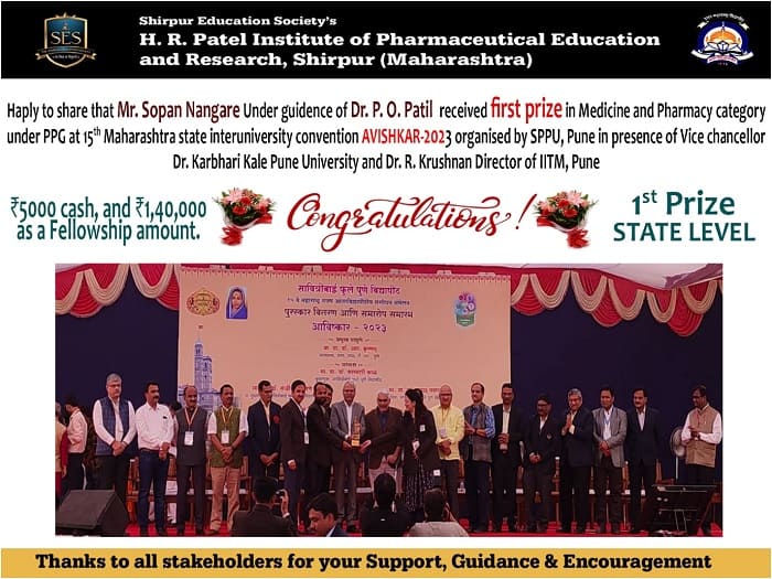 Mr. Sopan Nangare Emerges as First Prize Winner in Medicine and Pharmacy Category at State Level Aavishkar 2022-2023