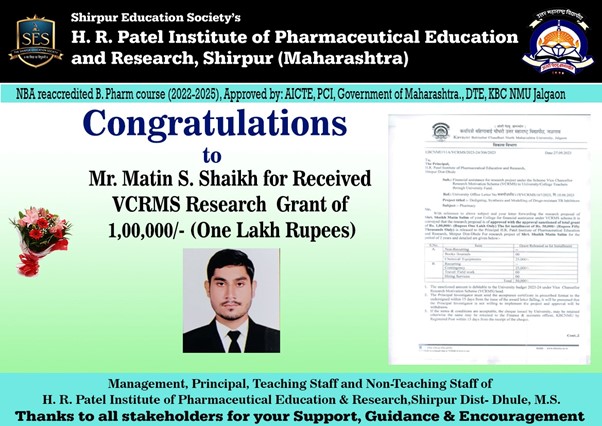 Mr. Matin Salim Shaikh Received Vice Chancellor Research Motivation Scheme 2023-24 Grant of 1,00,000 from Kavayitri Bahinabai Chaudhari North Maharashtra University, Jalgaon.